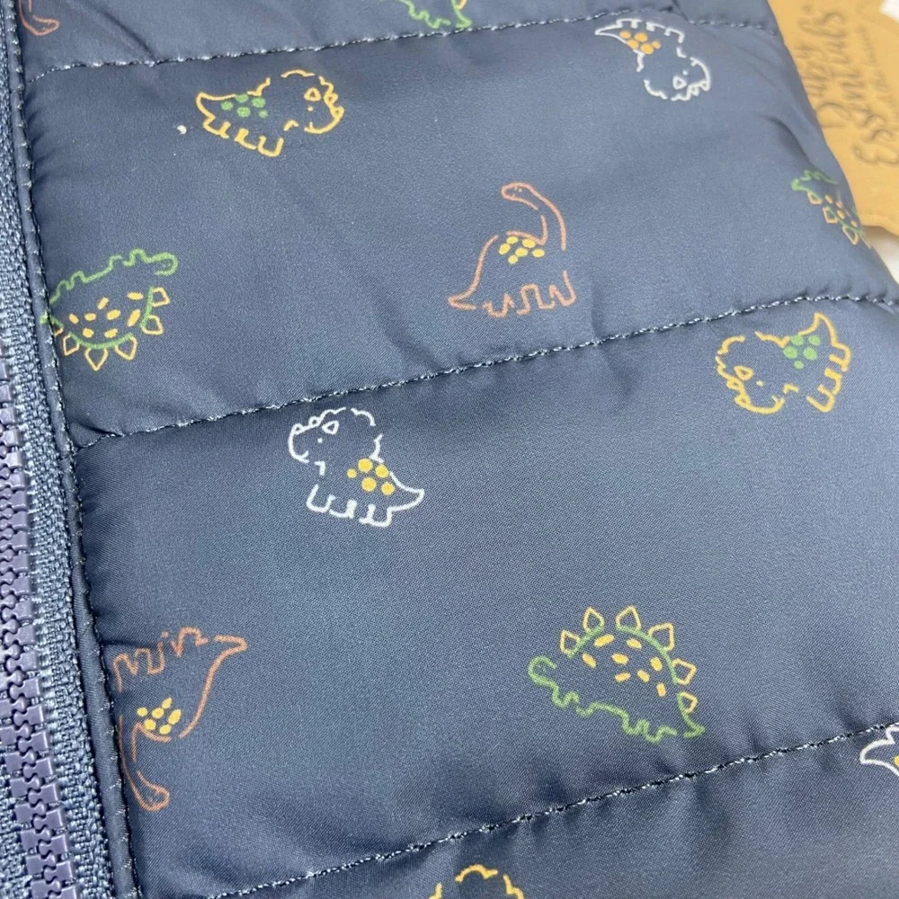 Baby Essentials Kids 18M Navy Blue Dinosaur Puffer Vest NEW Hooded Quilted Zip